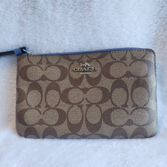 NWT COACH Large Corner Zip Wristlet In Signature Canvas Khaki/Stone Blue 6648‎ - Picture 4 of 7